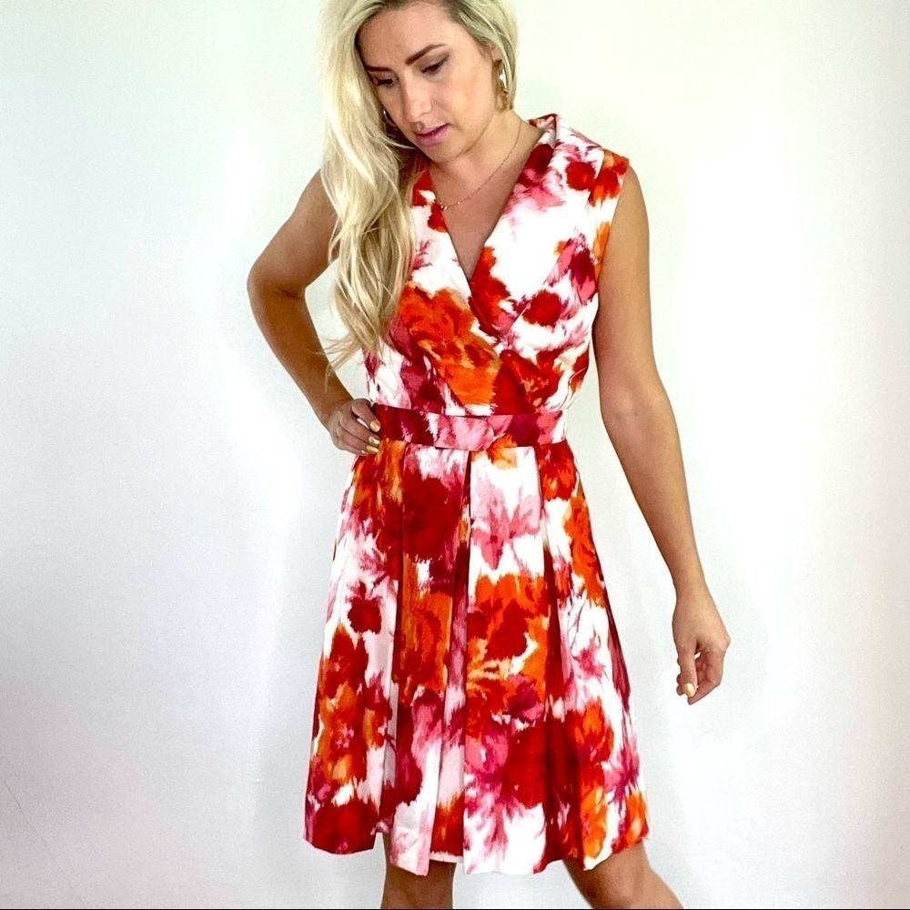 Escada Pink Orange White Belted Silk Dress